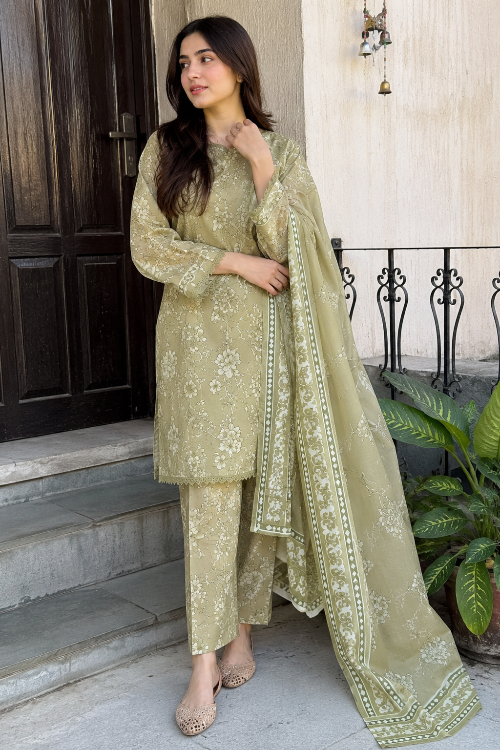 Premium 3 Piece Unstitched Printed Linen Suit – Olive Green Floral