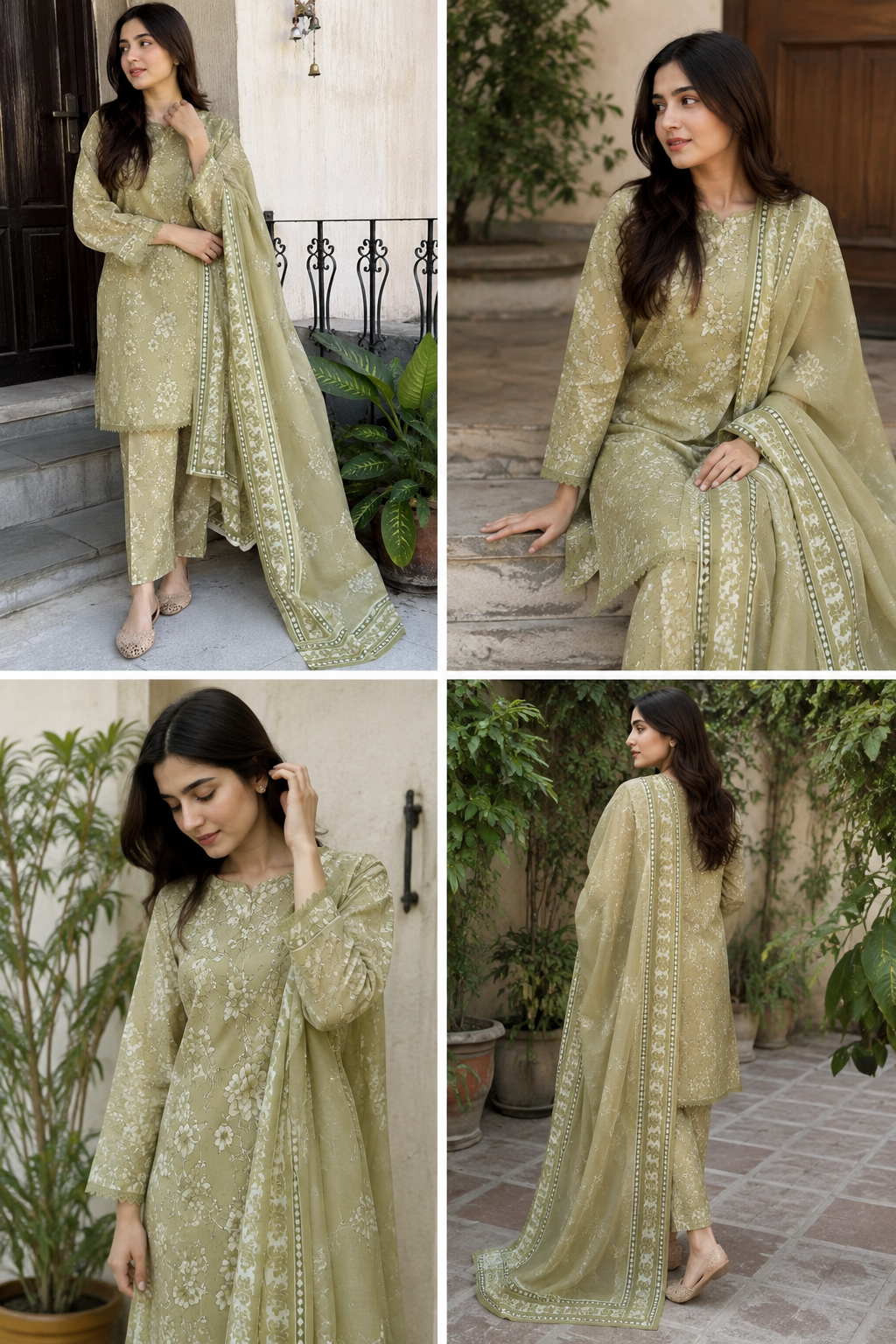 Premium 3 Piece Unstitched Printed Linen Suit – Olive Green Floral