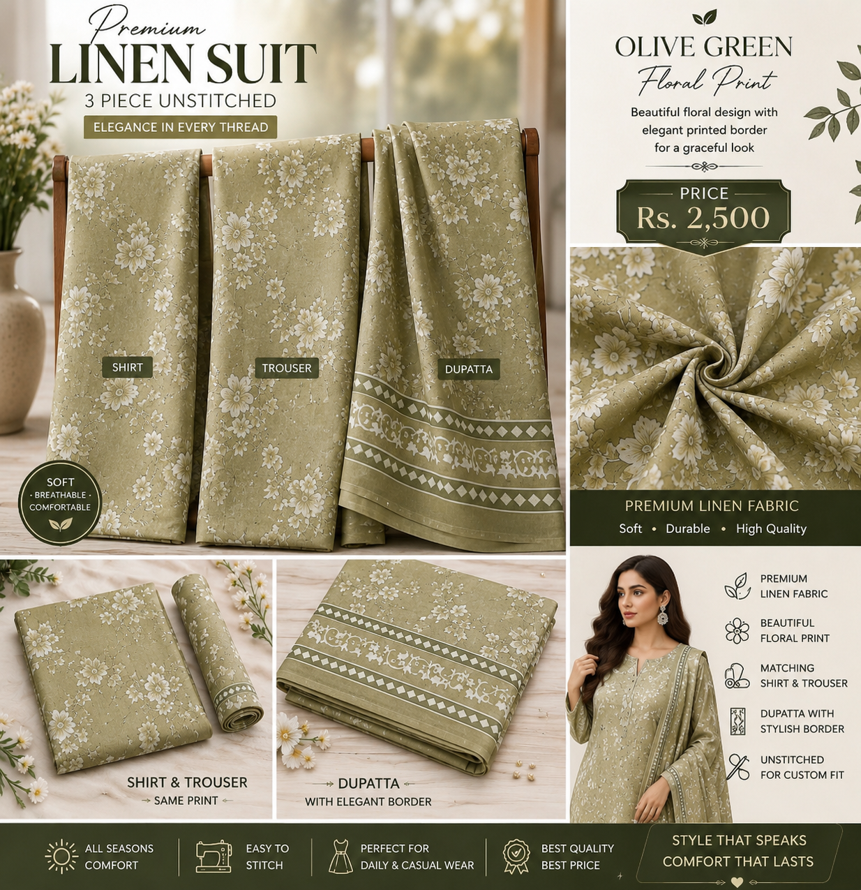 Premium 3 Piece Unstitched Printed Linen Suit – Olive Green Floral