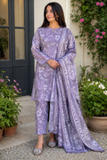 Lavender Floral Print 3-Piece unstitched-Linen Suit.