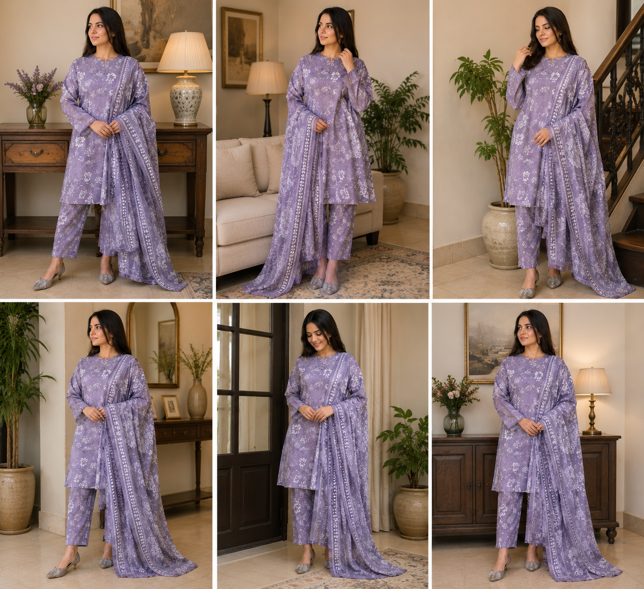 Lavender Floral Print 3-Piece unstitched-Linen Suit.