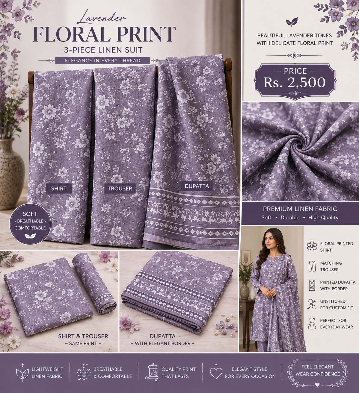 Lavender Floral Print 3-Piece unstitched-Linen Suit.