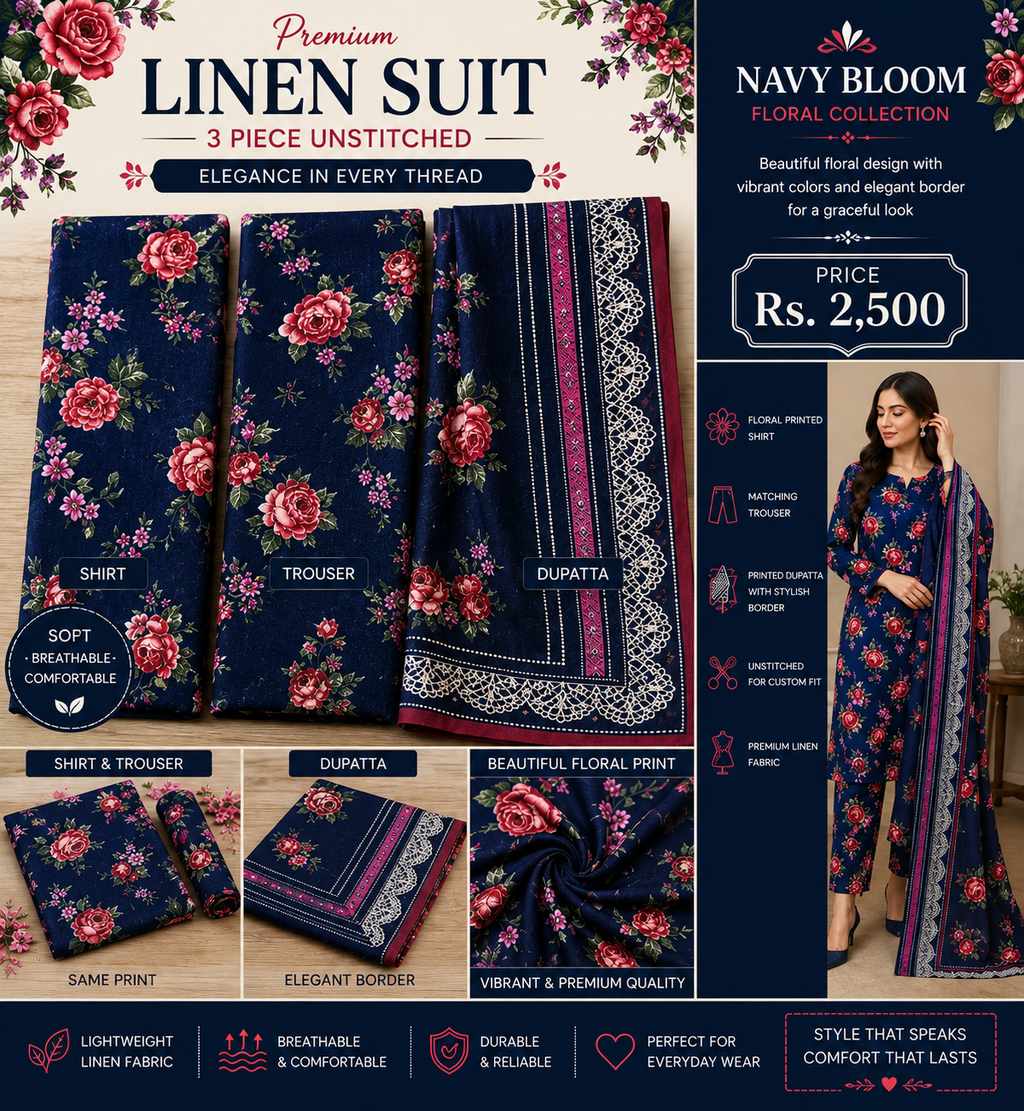 Navy Blue Rose Floral 3-Piece Linen Suit-Unstitched.