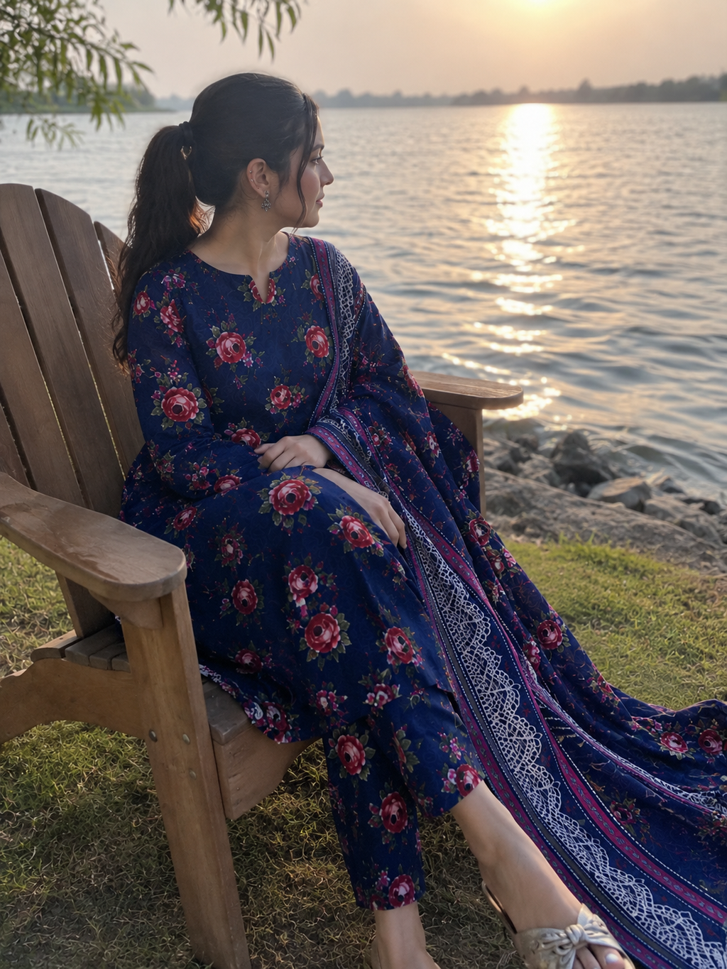 Navy Blue Rose Floral 3-Piece Linen Suit-Unstitched.