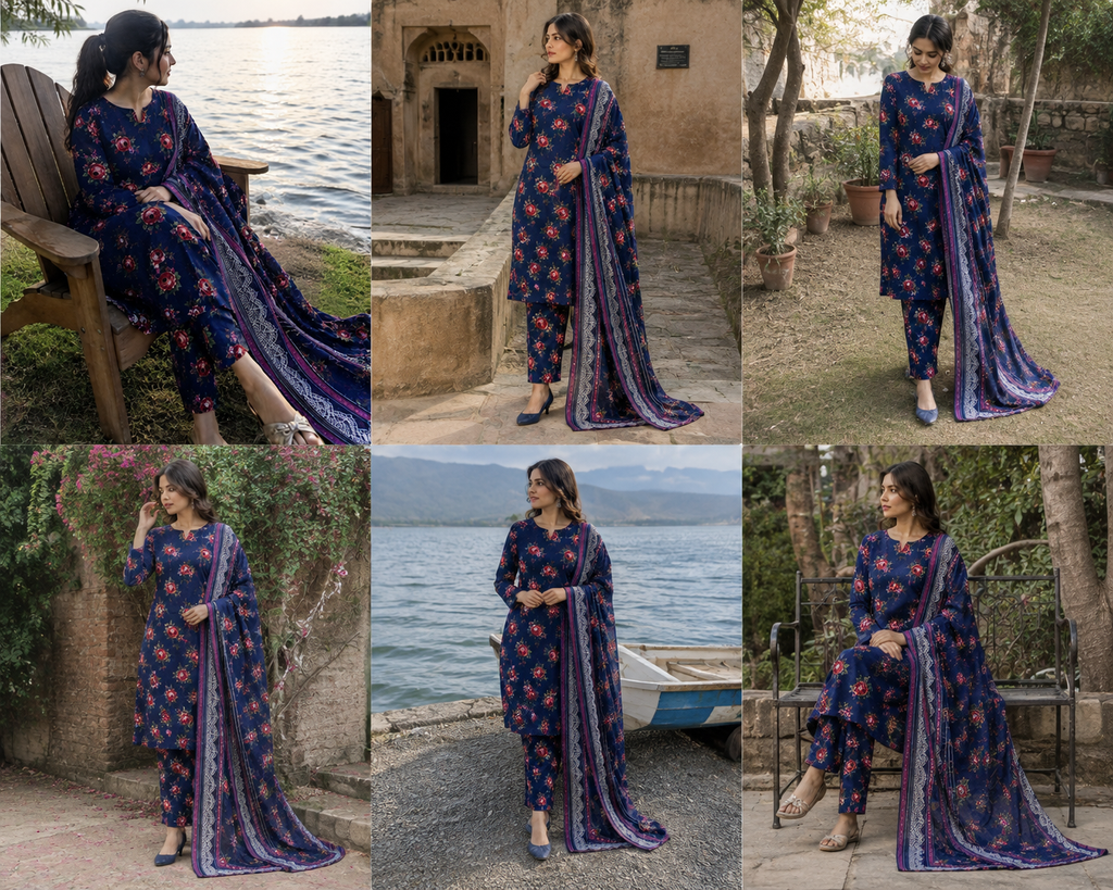 Navy Blue Rose Floral 3-Piece Linen Suit-Unstitched.