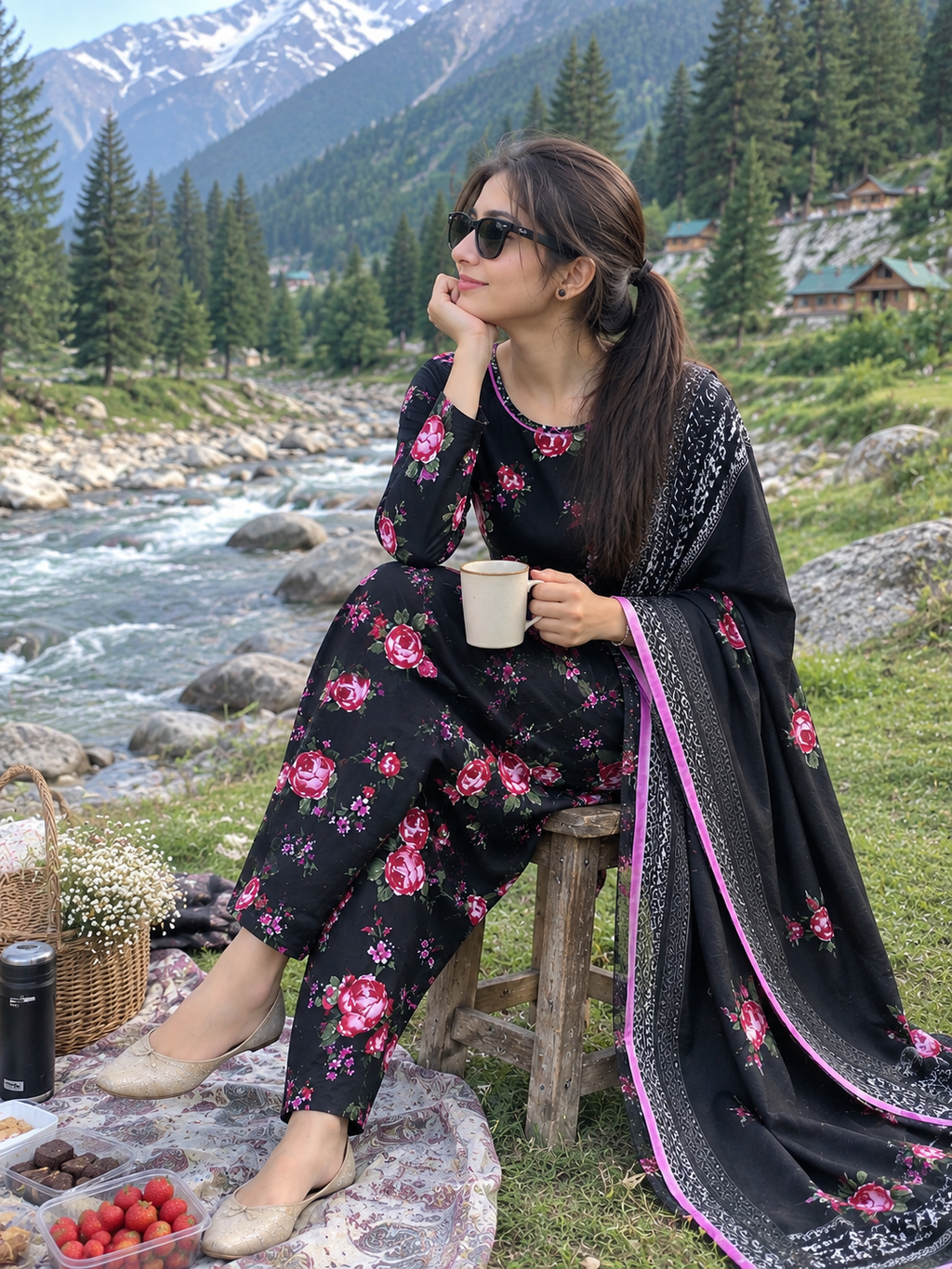 Midnight Bloom-3-Piece Unstitched Linen Suit with Designer Dupatta