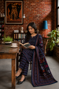 Premium Navy Blue Geometric 3-Piece Unstitched Linen Suit with Designer Dupatta