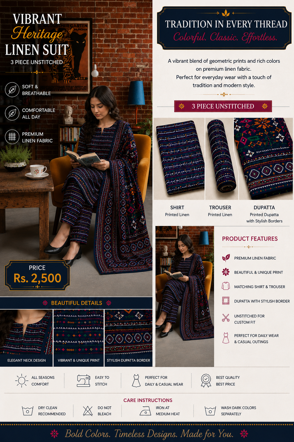 Premium Navy Blue Geometric 3-Piece Unstitched Linen Suit with Designer Dupatta
