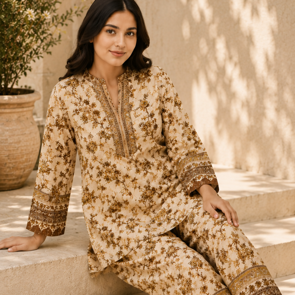 2 Pcs Women's Unstitched 3-D Block Printed Suit
